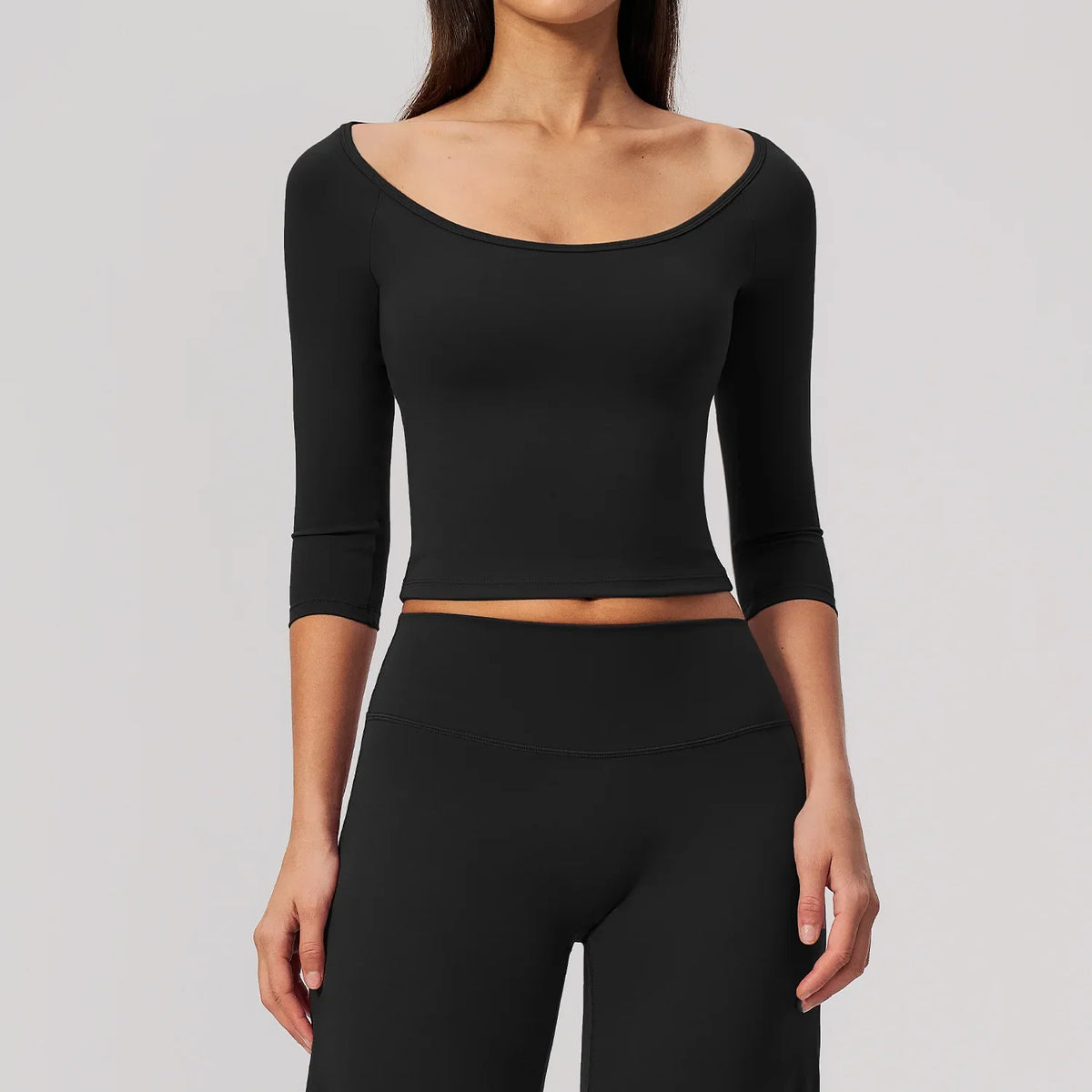 NCLAGEN Yoga Long Sleevetop Women Pilates Gym Clothes Quick Dry Cropped Compression 5/4 Sleeve Fitness Shirt Boat Neck‌ Crop Top